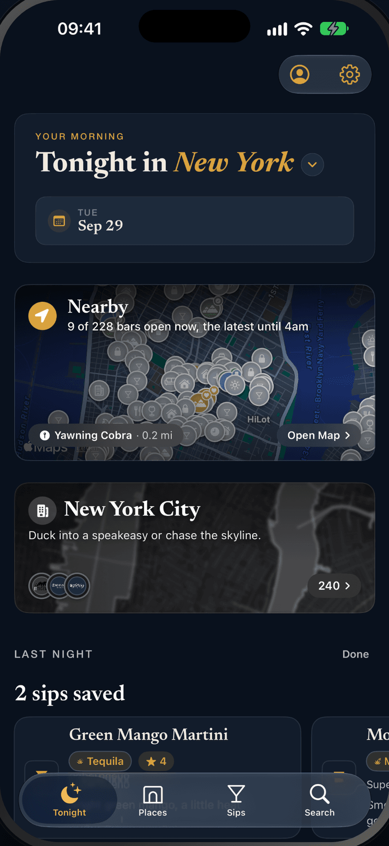 Sippy's Tonight screen in New York: a map of nearby bars, nine of them open now, and last night's sips.